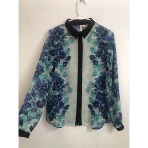 Blue and Green Floral Long Sleeve Blouse